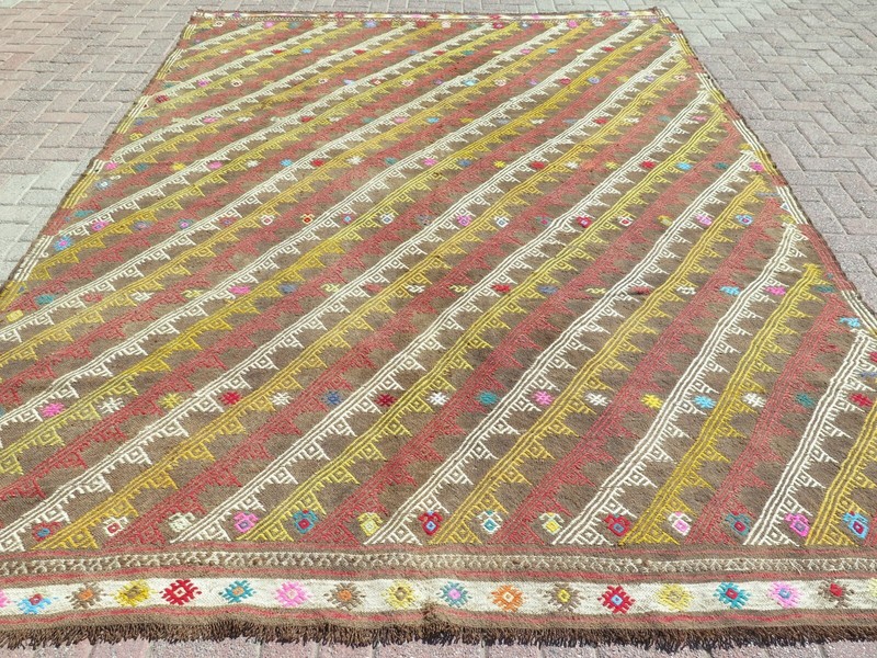 Striped Large Vintage Anatolian Area Rug, Wool Handmade Boho Kelim 98"x132" gallery