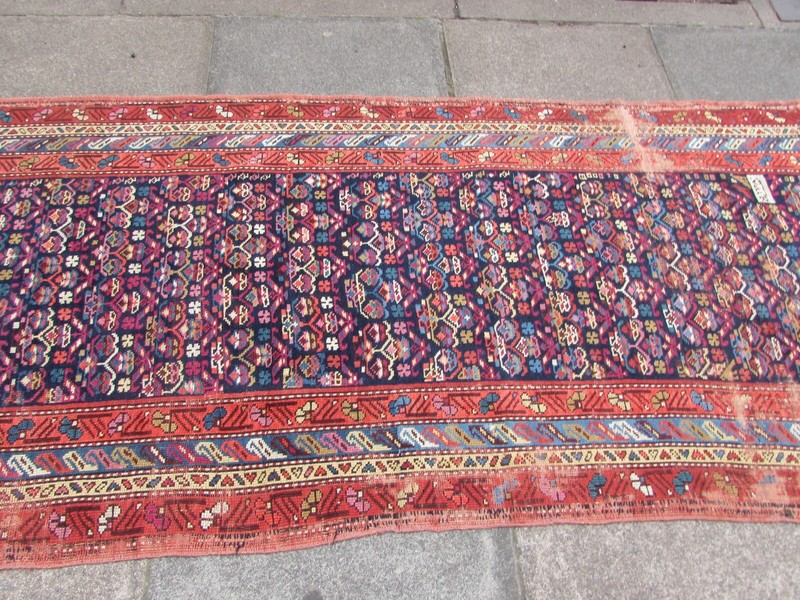 Antique Worn Hand Made Traditional Oriental Wool Blue Long Runner 393x105cm gallery