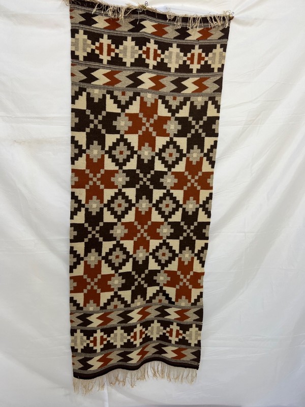 Vintage Swedish Wool Rug Earth Tone Geometric Tribal Flatweave Handwoven Runner gallery