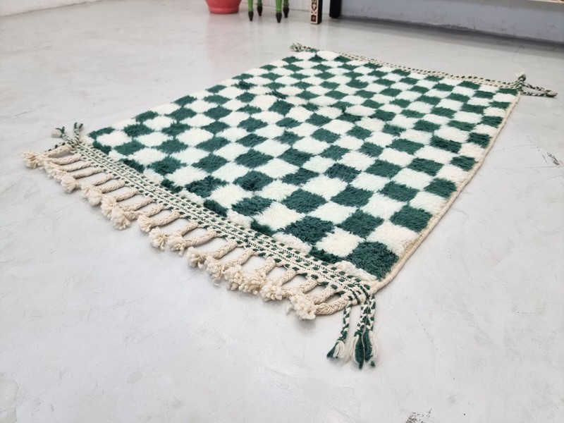 Moroccan Handmade Beni Ourain Rug4'5x3'5 Berber Checkered Green & White Wool Rug gallery