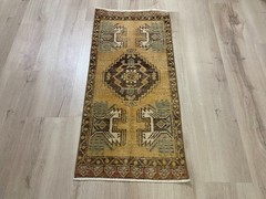 Vintage Turkish Handmade Wool Oriental Rug Gold Brown Entryway Runner 1.5×3.2 Ft