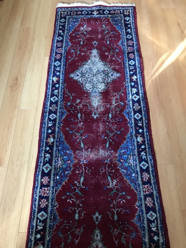 TRUE Vintage Antique Turkish ORIENTAL rug LONG RUNNER Hand Made RED Wool 3X18 gallery