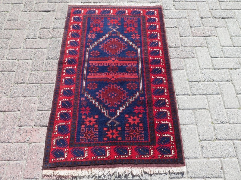 Bedroom Rug Turkish Bergama Small Carpet Door Mat Handmade Red Blue Rug 31"X52" gallery