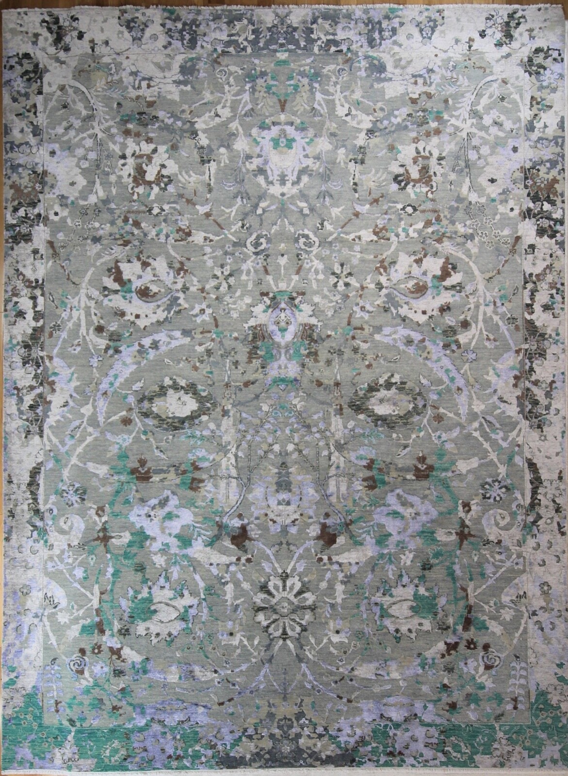 Handmade Green Grey Blue Modern Contemporary Abstract Wool and Silk Rug 9x12 gallery