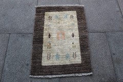 Vintage Traditional Hand Made Oriental Gabbe Wool Grey White Rug 89x65cm
