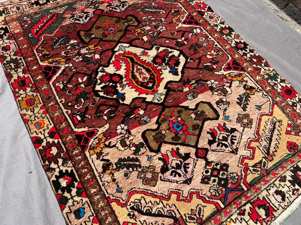 Terracotta Antique Caucasian Rug 5x7 ft Red Hand Knotted Geometric Faded Carpet
