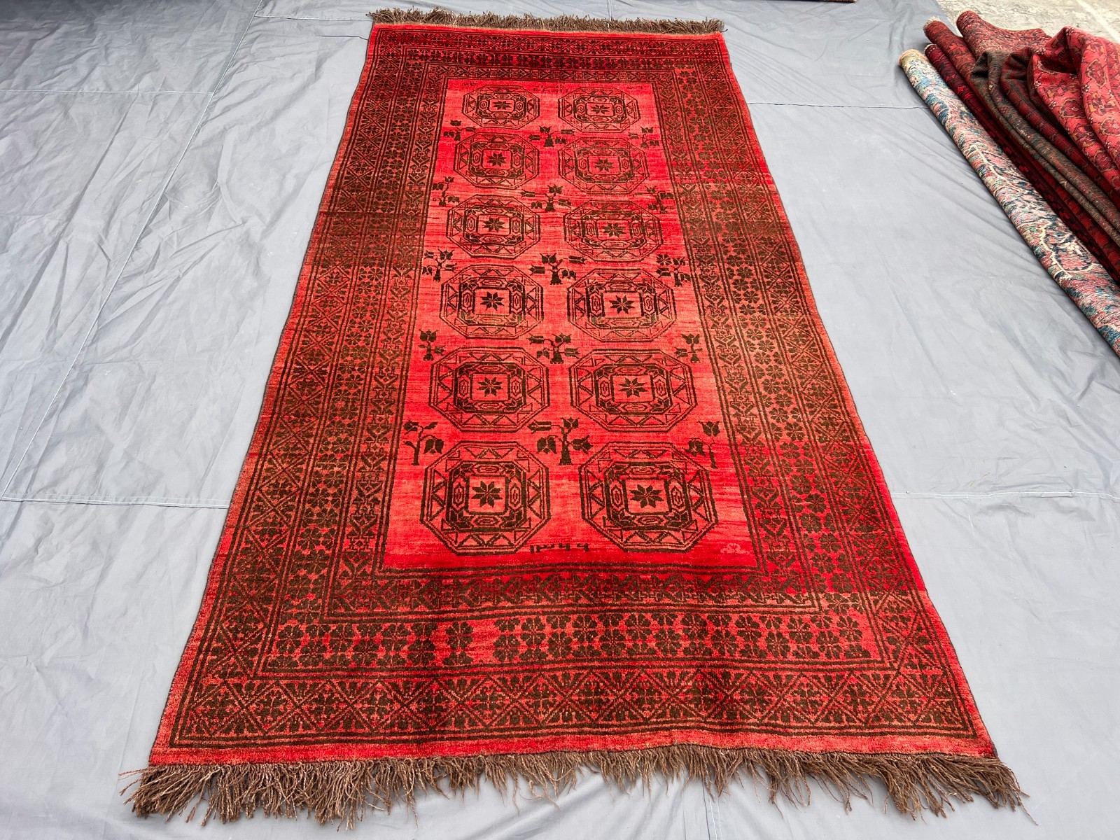 4'8x9'6 ft Turkoman Bokhara All-Over Elephant Foot Gul Handknotted Wool Vintage gallery