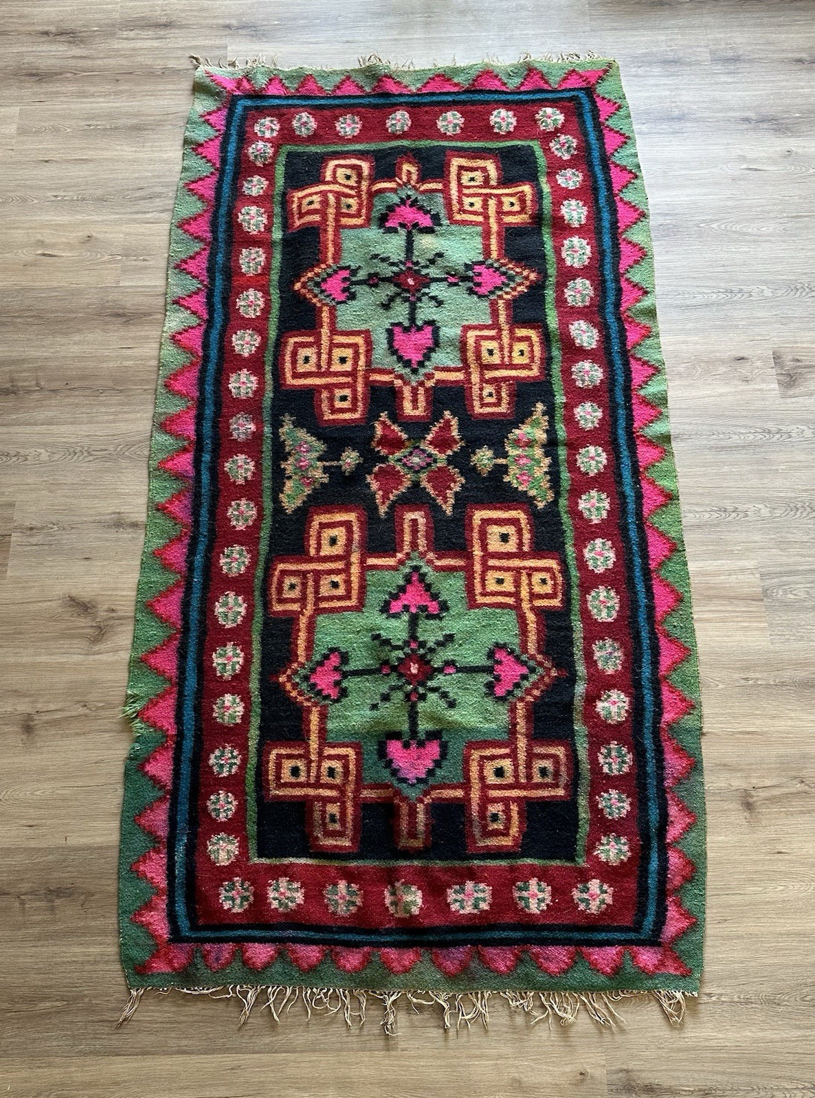 VINTAGE Turkish Yastik Oushak Kurdish Kars Rug Multicolor Colorful 7ft x 3.5ft gallery