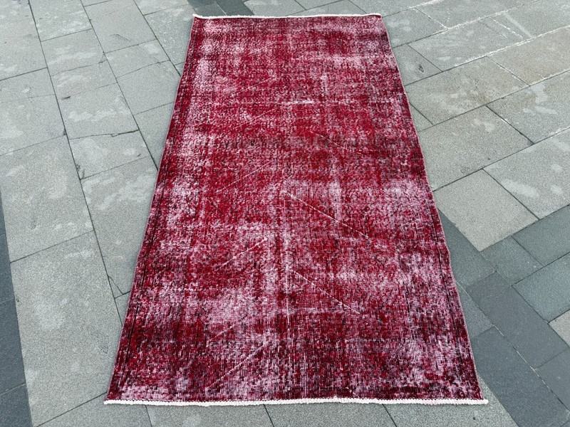 Overdyed Burgundy Wool Carpet 3.6x7.1 Ft Handmade Vintage Turkish Rug gallery
