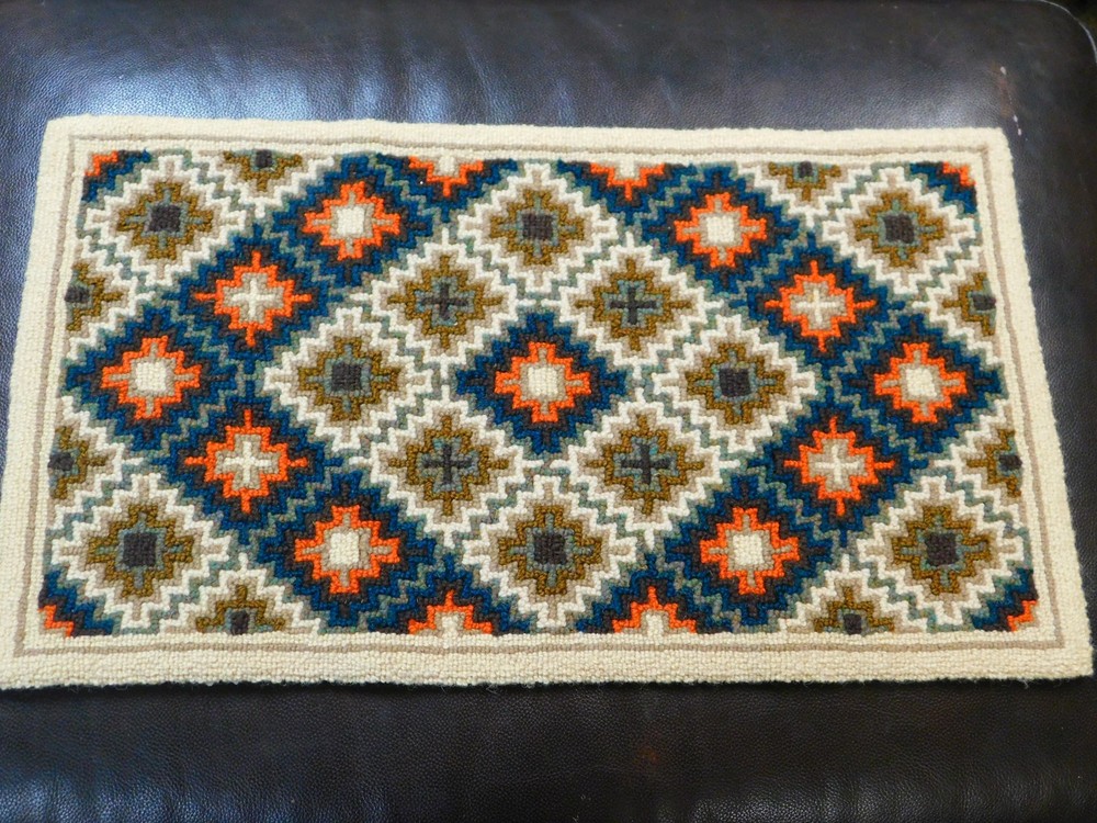 Vintage Wool Hand Hooked WOOL RUG Mat Runner 23x13" Turquoise Orange Brown Geo