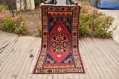 Turkish Red Rug 3×6 ft Vintage Medallion Natural Wool Oriental Carpet 98x205cm