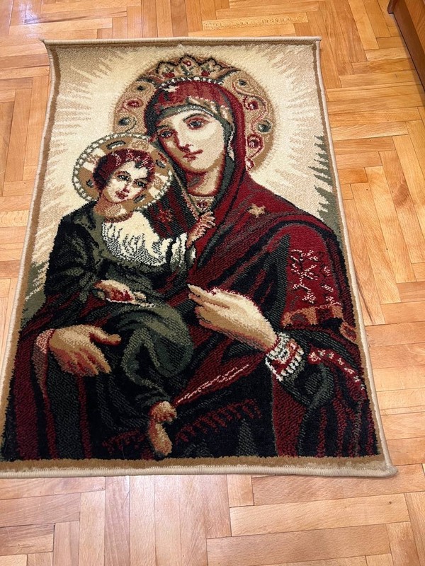 Vintage Woven Religious Tapestry Rug Mother of God with Infant Christ Thick Wall gallery
