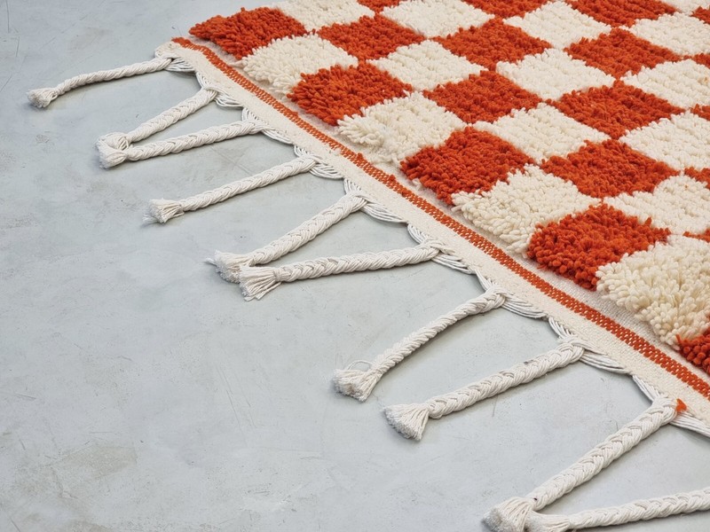Moroccan Handmade BeniOurain Rug5'3x8'7 Berber Checkered Orange & White Wool Rug gallery
