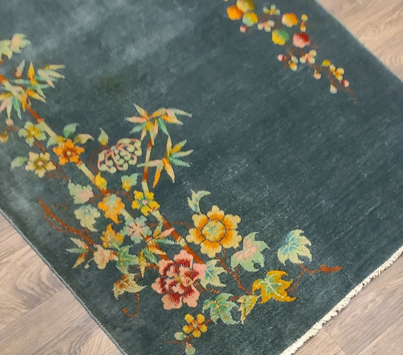 Antique handwoven authentic Chinese olive green rug size 4x6'9" circa 1920s gallery