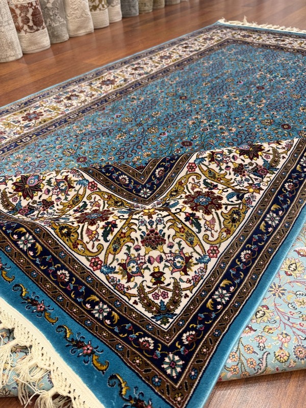 Turkish Silk Blend Area Rug 10x14 Ft Blue Vintage Floral Machine Made Carpet gallery