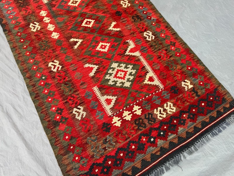 Vintage Afghan Kilim Rug, Handwoven Flat Weave Red Green Tribal Geometric Rug gallery