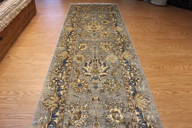 19 FT. Fine Quality Handmade Hall Runner gray, blue, green, beige, steal blue gallery