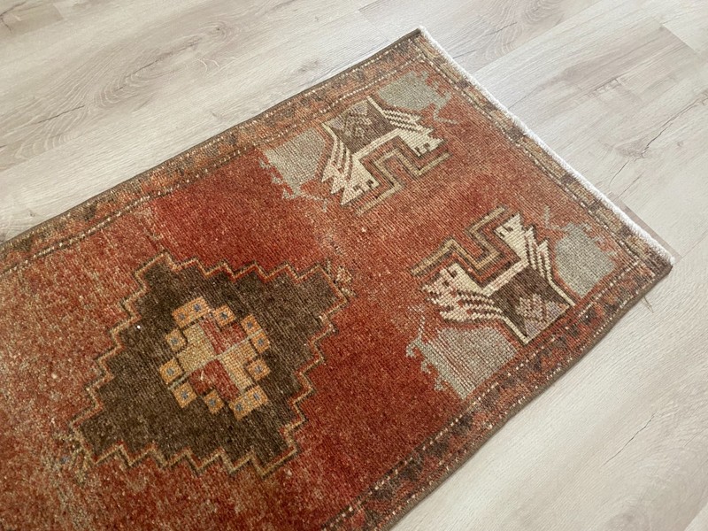 Vintage Turkish Small Wool Rug, Bohemian Oushak Doormat, 1.6 x 3.1 ft gallery