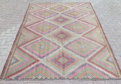 Large Wool Rug, Handmade Floor Carpet Turkish Embroidery Kilim Boho Rug 87″x112″