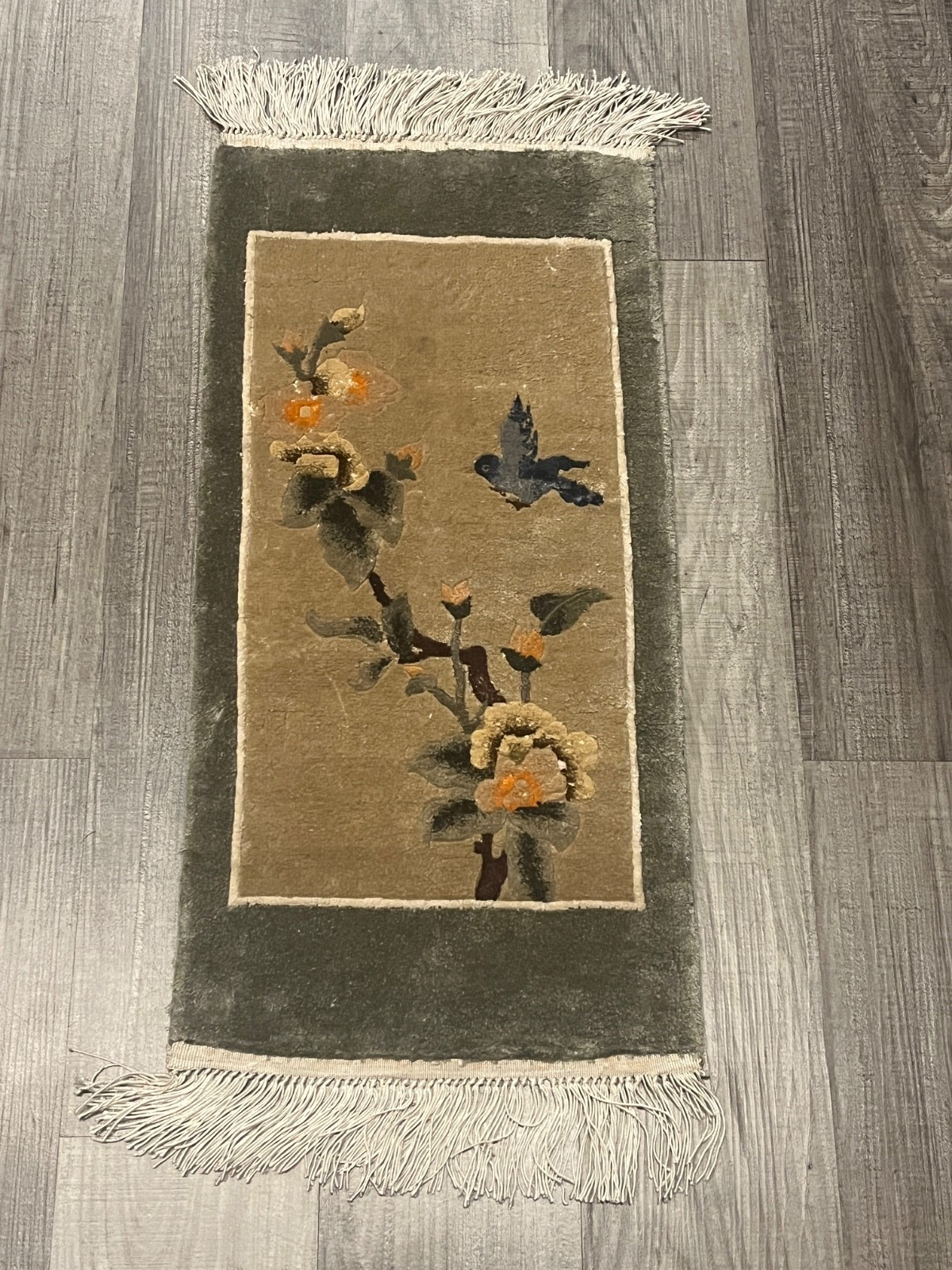 Vintage Chinese Silk Woven Rug With Bird & Flowers 25''x12'' Collectible gallery