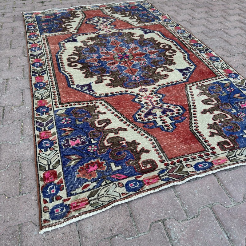 4x7 Terracotta Blue Wool Vintage Turkish Geometric Floral Handmade - Tariff Free gallery