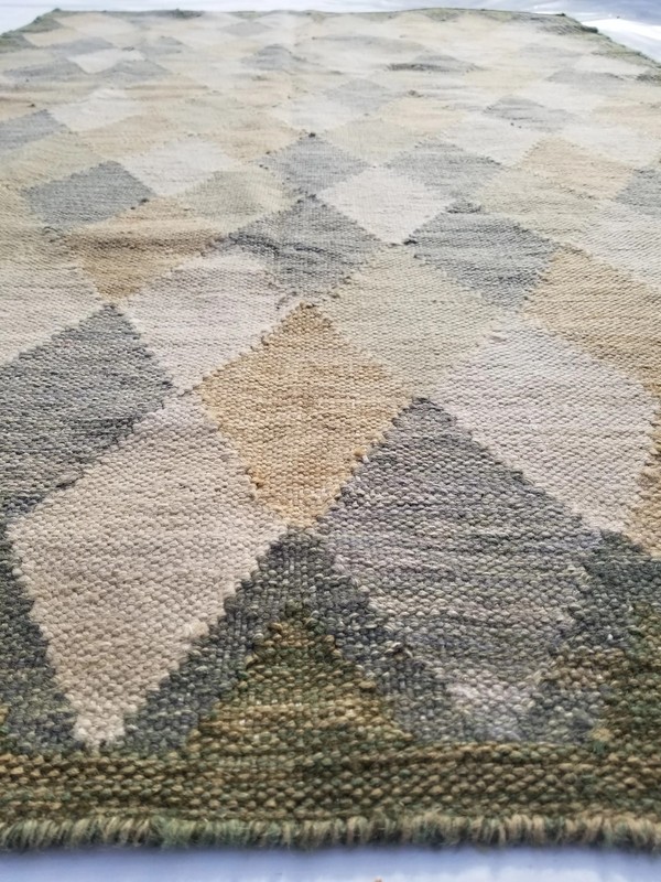 Vintage Handmade Traditional Geometric Beige Green Kilim Rug Carpet 232x151cm gallery