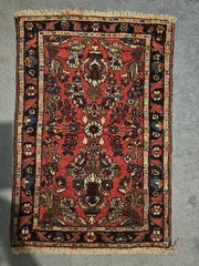 Vintage Hand-Knotted Floral Accent Mat Rug 35″x23″ Red Navy Wool Eastern Motif