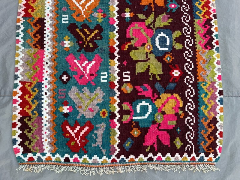 3x6'10 ft Vintage Caucasian Kilim Flatweave Wool Floral Botanical Two Panel Rug gallery