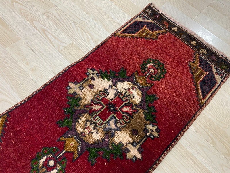 Antique Turkish Rug 1.4x3.1 ft Vintage Deep Red Tribal Small Runner Boho Mat gallery
