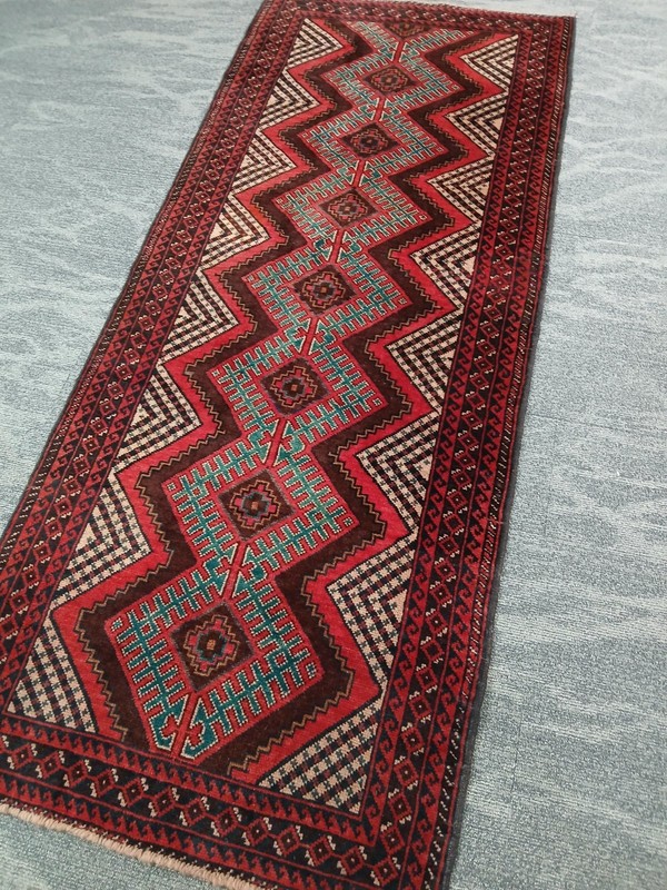 2'8"x6'8" Vintage Red Green Balochi Runner, Old Oriental Tribal Runner Rug gallery