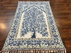 Tree of Life Indian Hand Stitched Rug 4×6 Wall Hanging Ivory Blue Silk Vintage
