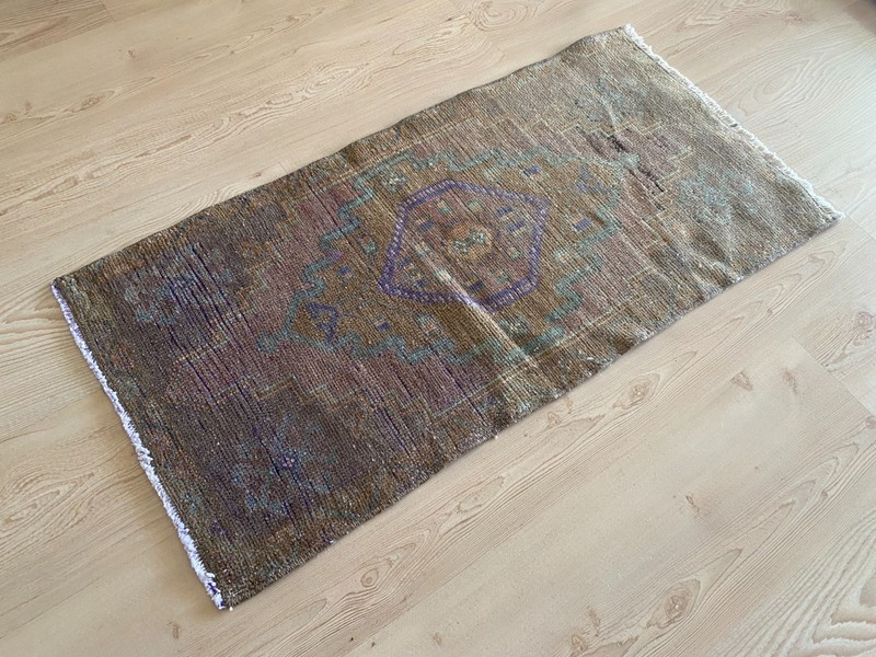 Muted Earth Tone Turkish Vintage Small Rug 1.5 x 2.9 ft with Diamond Medallion gallery
