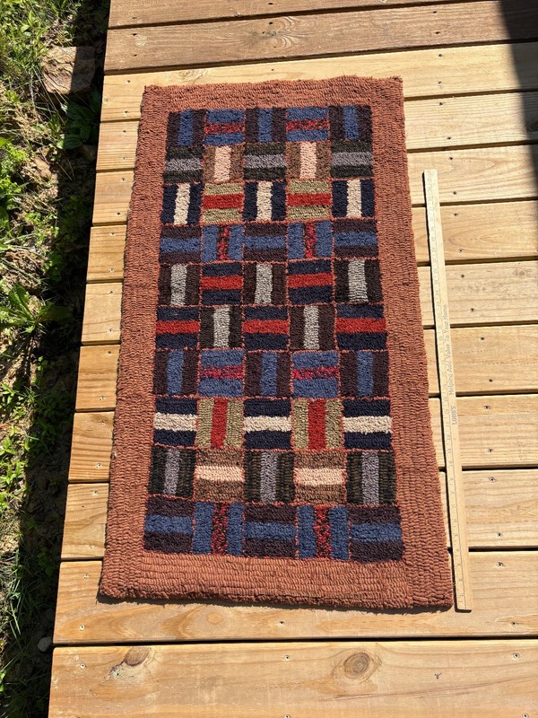 Vintage Bars in Squares Geometric American Hooked Rug 46'' X 25'' Antique 1940's gallery