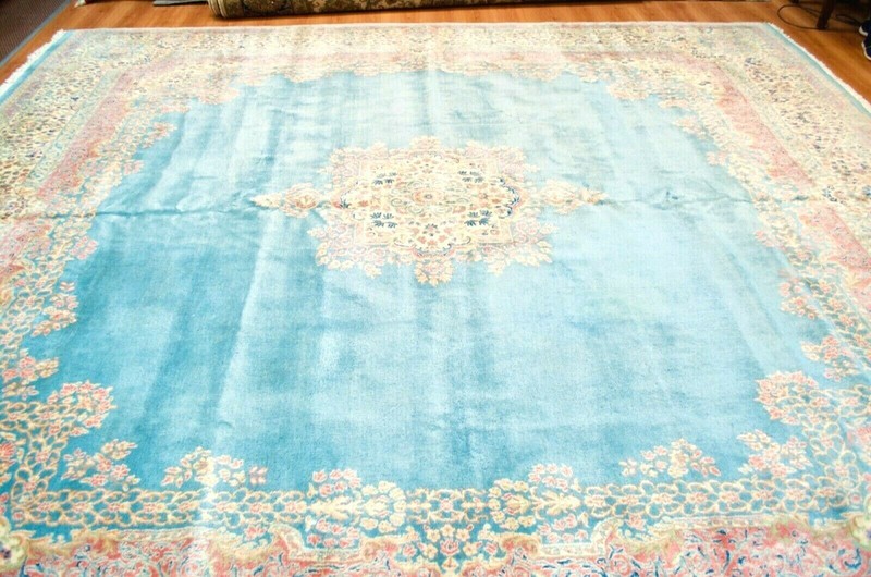 Wool Oriental Floral Handmade Pastel Blue/Green Rug, circa 1940 11'8" X 12'7" gallery