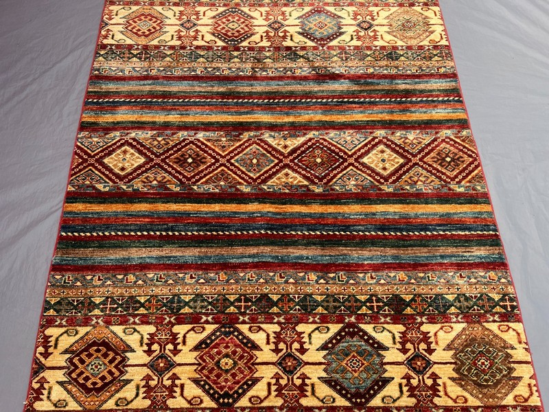 4'2x5'9 ft Vintage Afghan Kazak Hand Knotted Wool Striped Diamond Medallion Rug gallery
