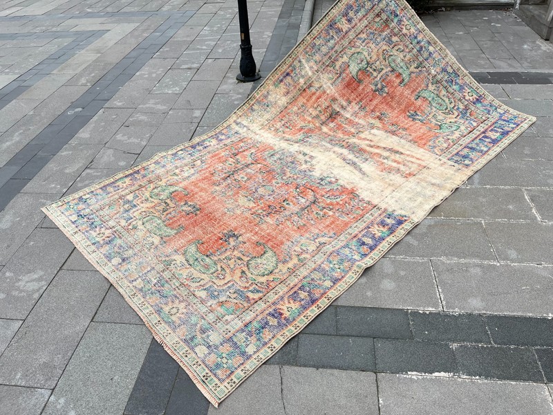 Vintage Turkish Rug 6x10 Faded Distressed Oushak Carpet 5.5x9.5 Terracotta Blue gallery