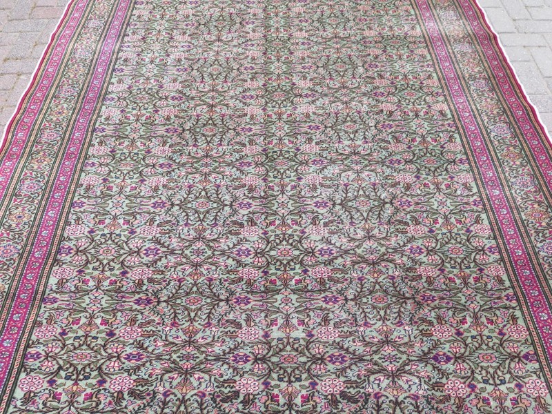 Vintage Turkish Carpet, Pink Green Rugs, Handmade Floor Wool Floral Rug 79"x112" gallery