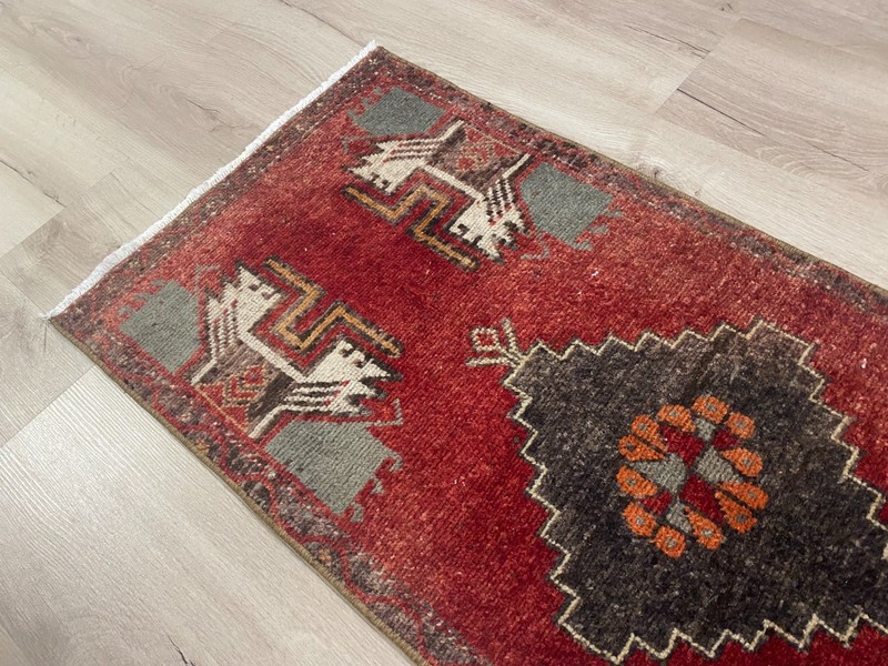 Vintage Anatolian Turkish Rug Handmade Wool Red Hallway Runner 1.6x3.8 Ft gallery