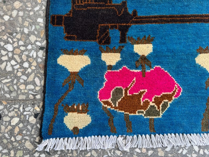 2x3 Afghan Hand Knotted War Rug Helicopter Rifle Blue Wool Carpet New gallery