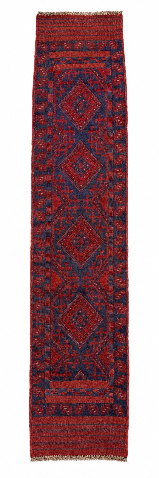 Vintage Afghan Baluchi Wool Runner Rug Hand Knotted Medallion Red Blue 2x8 Feet gallery