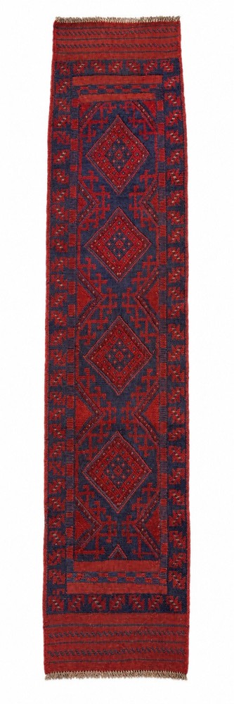 Vintage Afghan Baluchi Wool Runner Rug Hand Knotted Medallion Red Blue 2x8 Feet