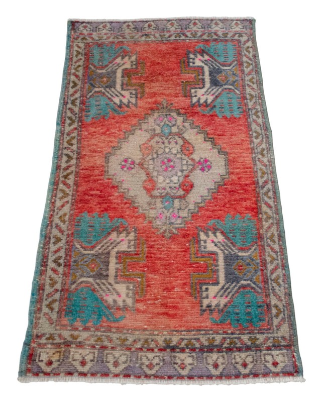 Small Vintage Turkish Oushak Rug 2x3 Hand Knotted Wool Red Teal Entryway Mat gallery