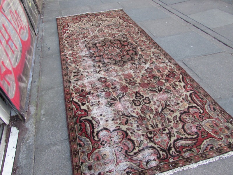 Shabby Chic Worn Vintage Hand Made Traditional White Wool Long Rug 288x120cm gallery
