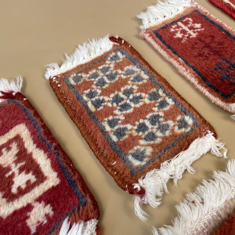 Vintage Miniature Oriental Rugs x8 Handwoven Wool Tabletop Decor Red Mats Set gallery