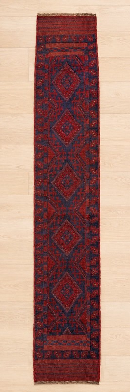 Vintage Afghan Baluchi Wool Runner Rug Hand Knotted Medallion Red Blue 2x8 Feet gallery