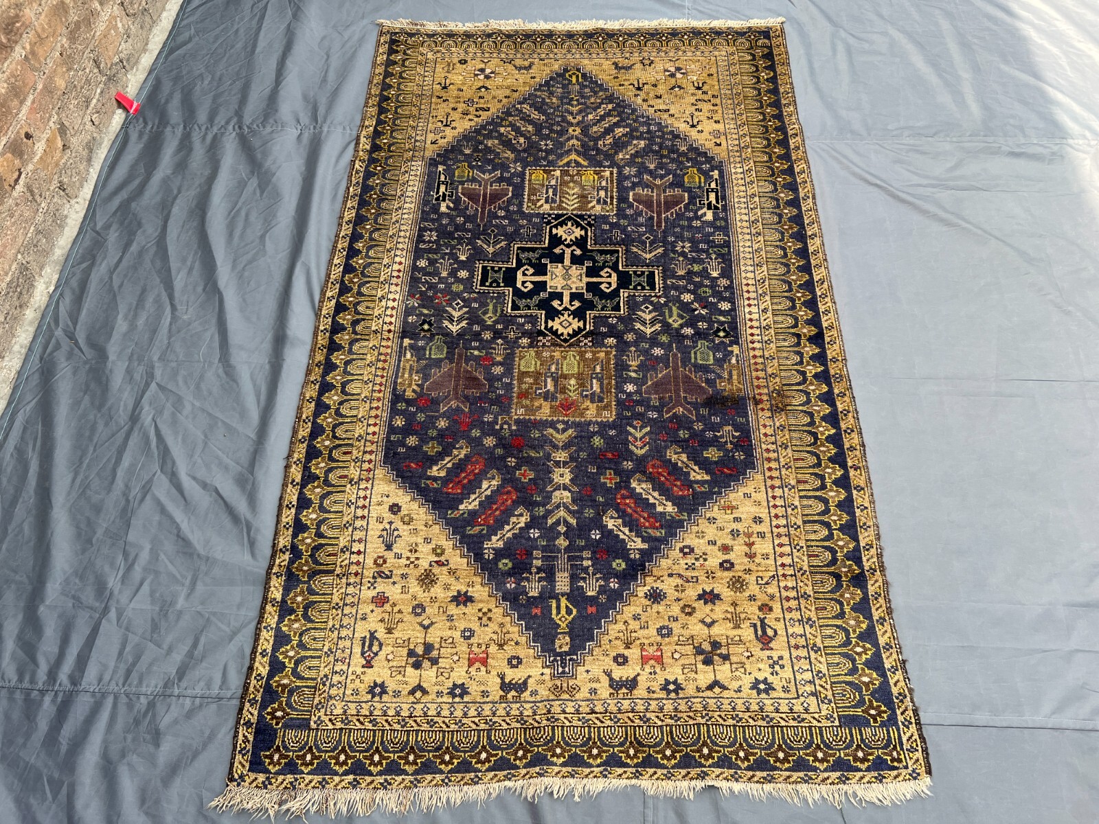 Antique Afghan War Rug 3'9x6'6 – Handmade Wool Tribal Blue Beige Geometric Rug gallery