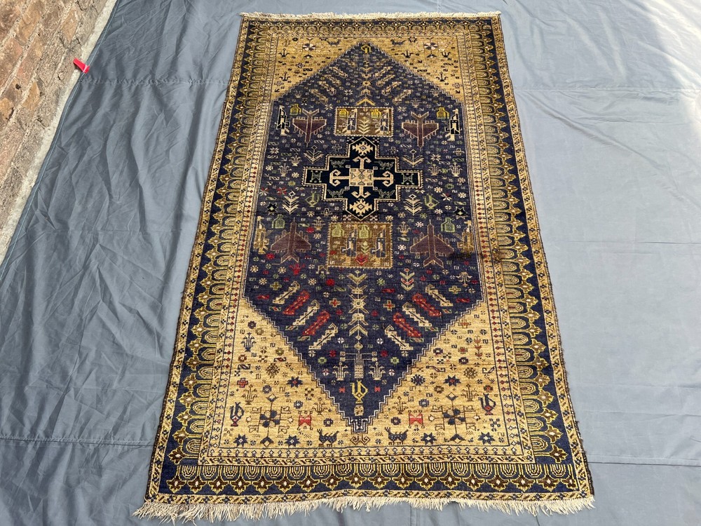 Antique Afghan War Rug 3'9x6'6 – Handmade Wool Tribal Blue Beige Geometric Rug