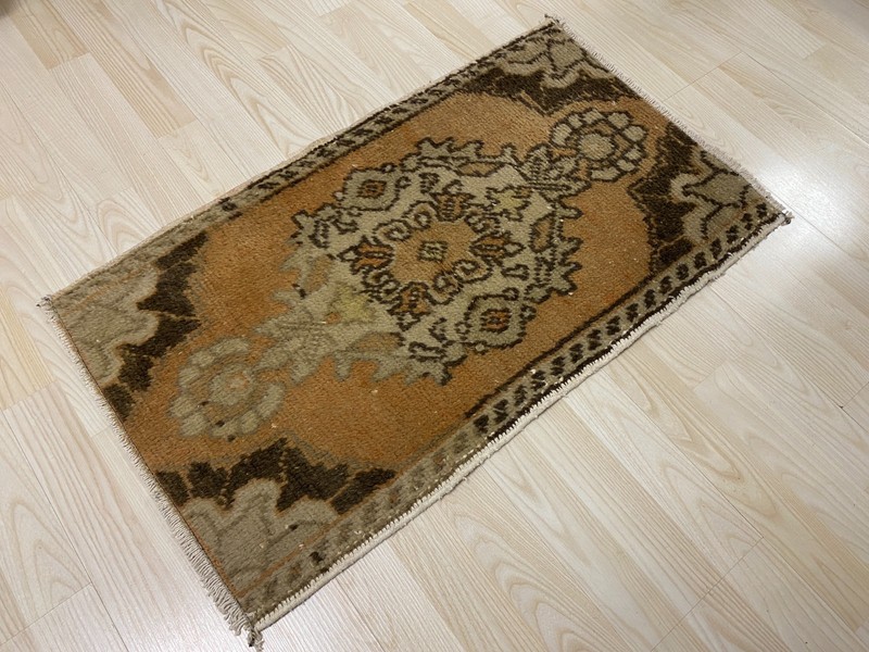 Antique Turkish Rug 1.6x2.8 ft Vintage Camel Olive Oushak Small Carpet Boho Mat gallery