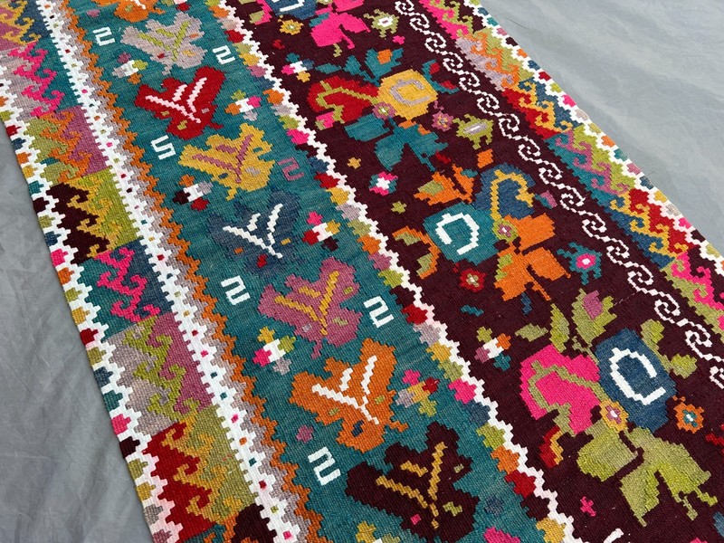 3x6'10 ft Vintage Caucasian Kilim Flatweave Wool Floral Botanical Two Panel Rug gallery