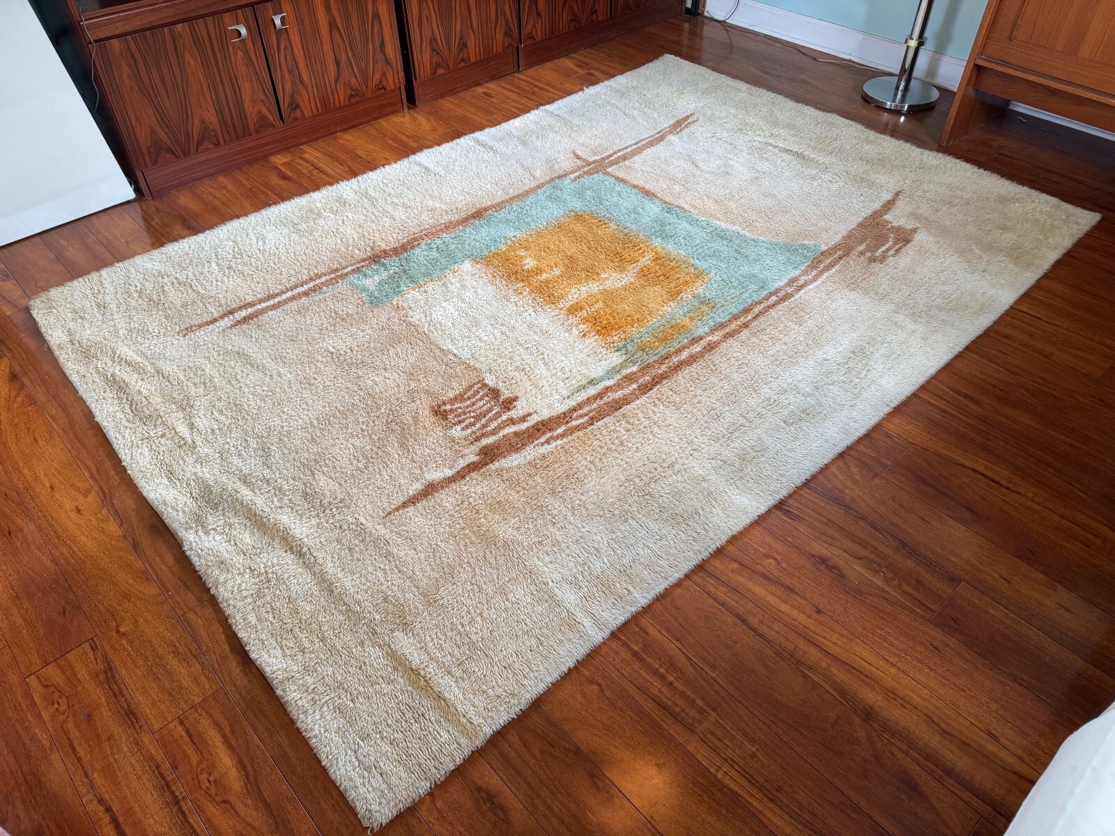 Danish Abstract Rya Rug Vintage Hand Knotted Wool Rug 8.5 x 6 ft Ege Blue Yellow gallery